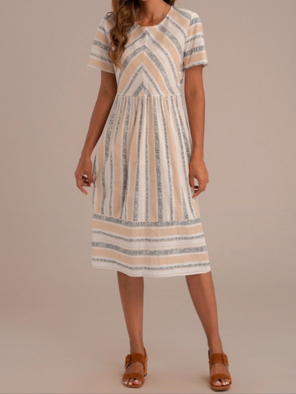 Petallush Cream and Blue Striped Midi Dress